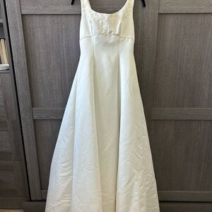 White Satin A-Line Dress with Lace Beading Detailing and Bow